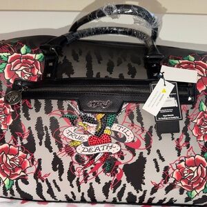 Ed Hardy Black and Red Travel Bag with Floral Design